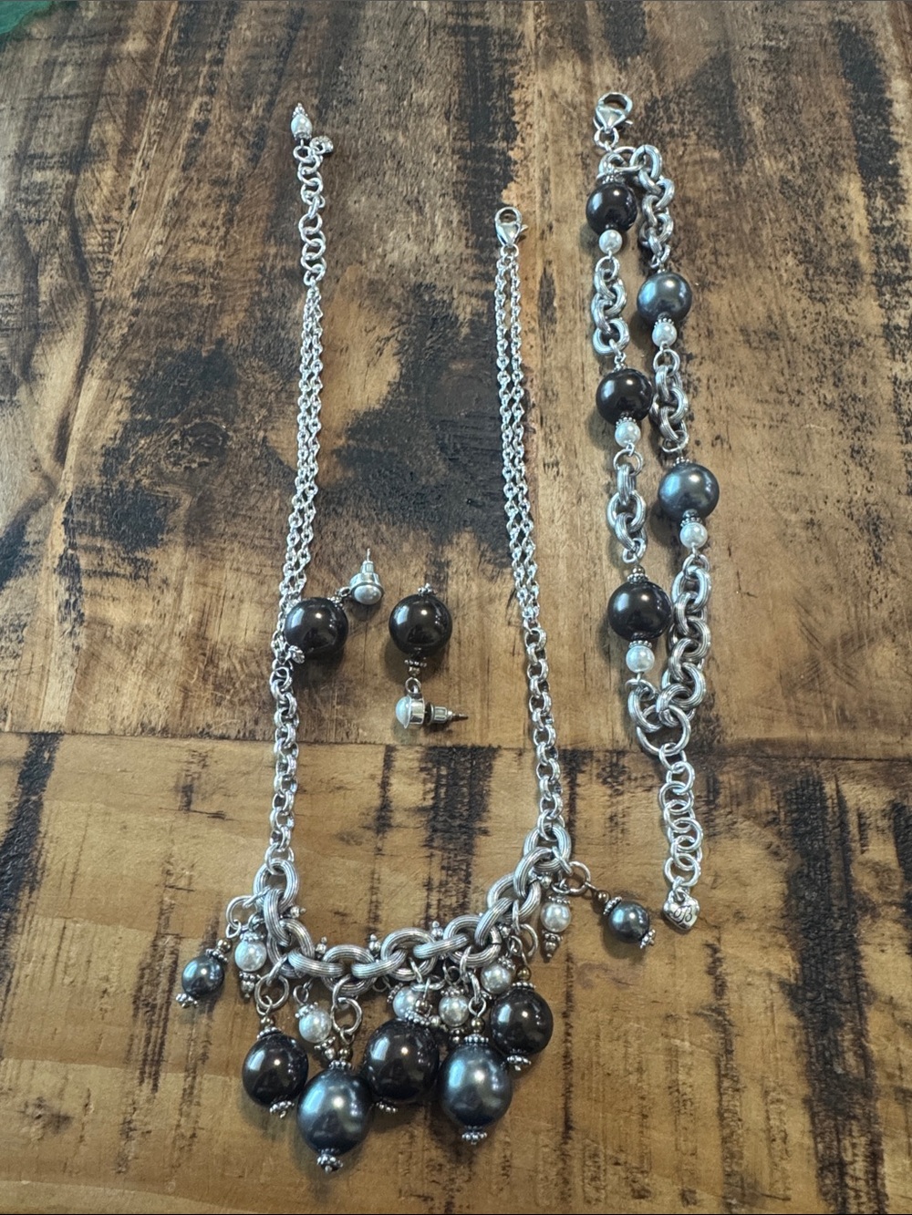 Brighton Silver-Tone Necklace, Bracelet & Earrings with Black and Gunmetal Beads